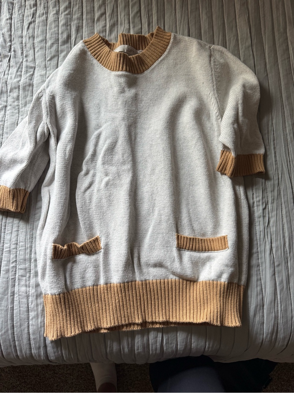 LOFT Cream Short-Sleeve Knit Sweater with Tan Trim